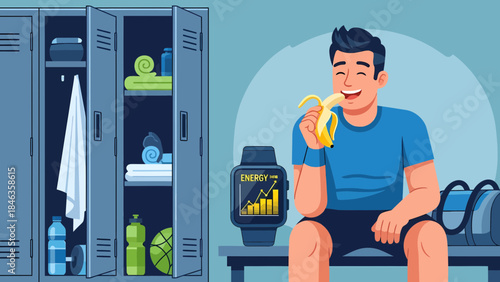 Man Drinking Protein Shake in Locker Room.