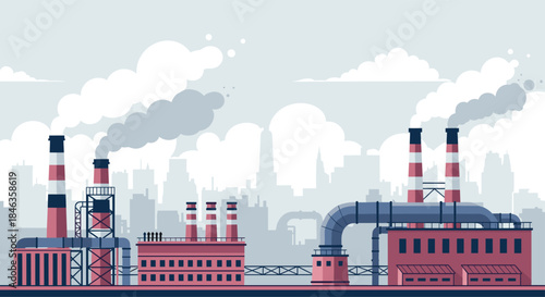 Industrial factory complex with tall smokestacks pipes and girders stretches across a distant city skyline beneath a pale cloudy sky.