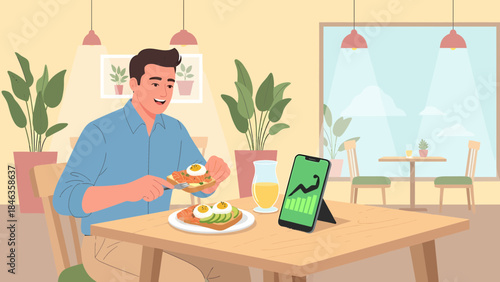 Man Eating at Table with Digital Device.