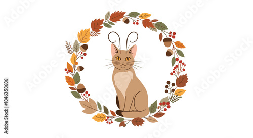 Autumn cat sits serenely inside a wreath of colorful fall leaves and berries drawn in a warm illustrated style with soft light and cozy seasonal charm.