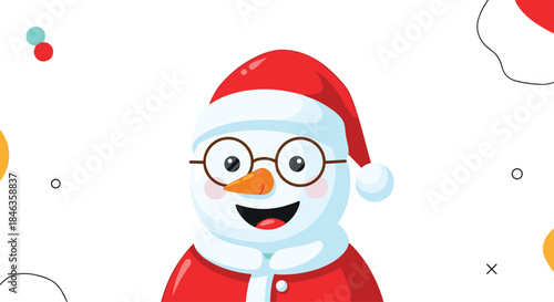 Cheerful snowman wearing a red Santa hat and scarf with round glasses smiles brightly against a festive background and festive accents surround the scene.
