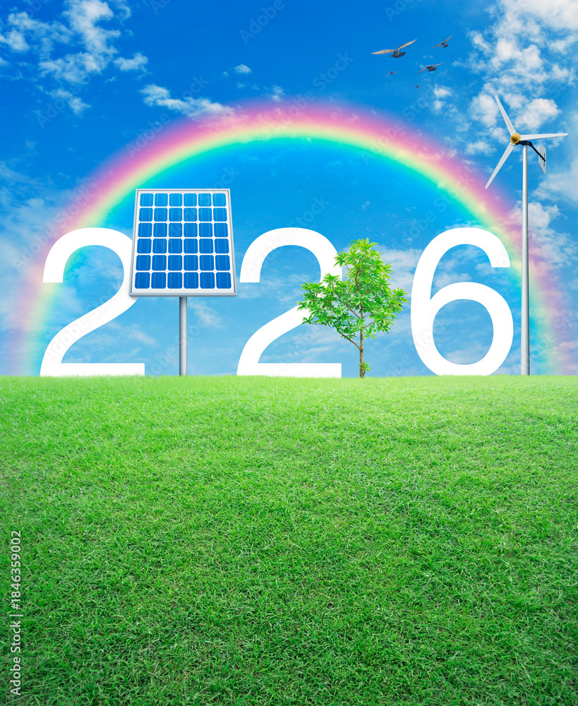 Fototapeta premium 2026 white text with solar cell, wind turbine and growing tree on green grass field over rainbow, birds and blue sky with white clouds, Happy new year 2026 green ecology and saving energy concept