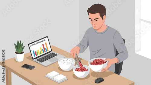 Man Eating Cereal at Desk.