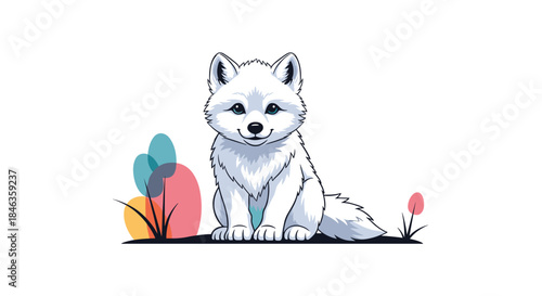 Playful white fluffy dog sits beside colorful abstract plants in a serene outdoor scene with soft light and a friendly expression.