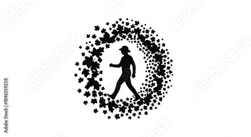 Silhouette of a person walking through a swirling pattern of leaves, symbolizing journey and nature.