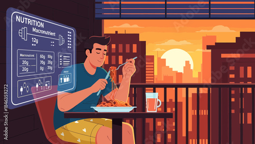 Man Eating Healthy Meal on Balcony.
