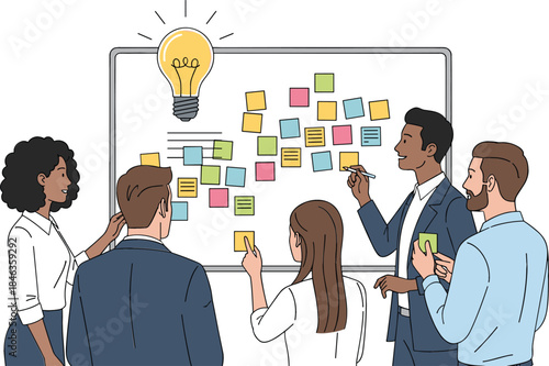 Diverse business professionals brainstorming and sharing creative ideas using colorful sticky notes on a large whiteboard to solve complex business problems.