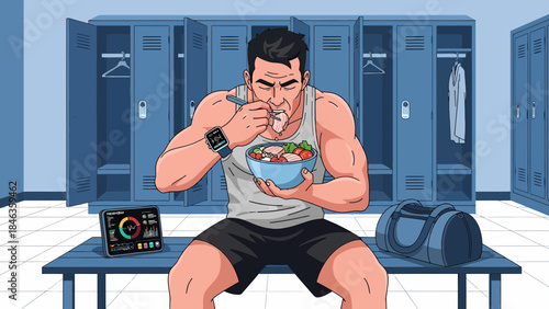 Man Eating Noodle Soup in Locker Room.