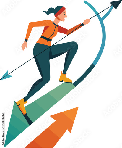A female archer dynamically running and aiming with a bow and arrow upwards