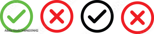 Check and cross icon set, approval error symbol vector pack, editable, isolated, green, red, black design, UI clipart