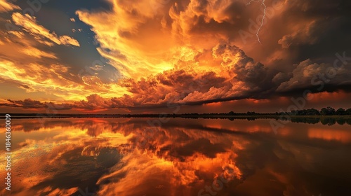 98.A stunning sunset overtaken by a fierce storm, with massive clouds reflecting hues of gold and crimson, while distant lightning flickers against the deepening twilight.