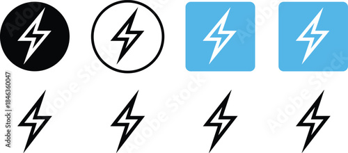 Lightning bolt icon set, energy symbol vector pack, editable, isolated, black silhouette, electricity design, power clipart