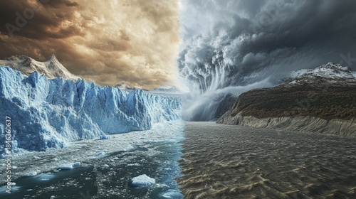 2.A high-impact visual of a melting glacier on one side and a raging typhoon on the other, representing the drastic weather changes linked to the El NiÃ±o and La NiÃ±a climate phenomenon.
