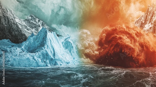2.A high-impact visual of a melting glacier on one side and a raging typhoon on the other, representing the drastic weather changes linked to the El NiÃ±o and La NiÃ±a climate phenomenon.