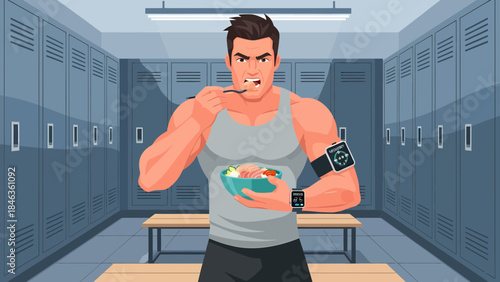 Muscular Man Flexing in Locker Room.