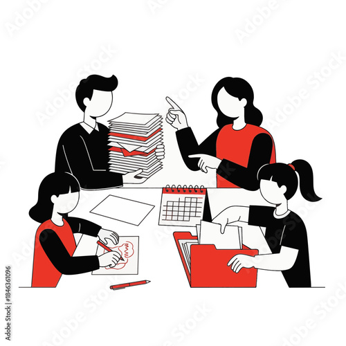 Family handling paperwork and administrative tasks. Parents and children organizing documents and filing at a table. Flat design vector illustration