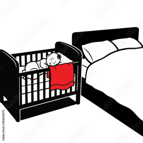 Baby sleeping in crib next to parents bed. Co-sleeping and nursery furniture concept. Black and white vector illustration with red blanket