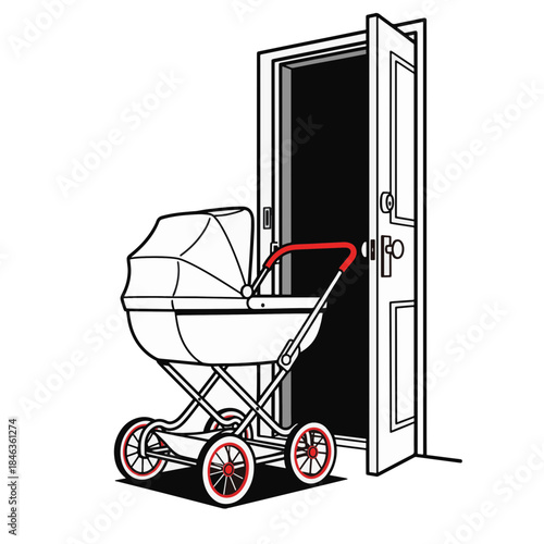 Baby stroller near open door. Line art vector illustration. Isolated pram icon on transparent background