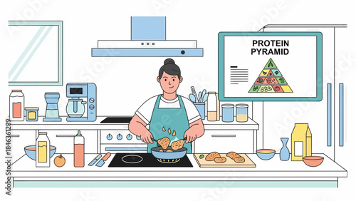 Woman Cooking with Protein Pyramid Display.