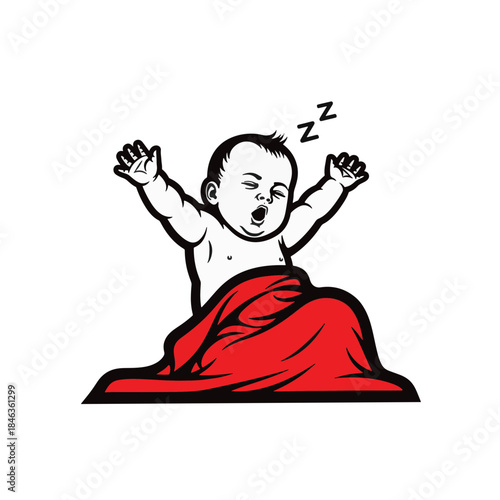 Baby stretching and yawning after sleep. Cartoon vector illustration of an infant waking up. Mascot design isolated on transparent background