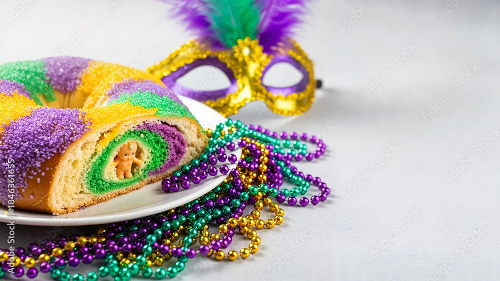 Fototapeta premium King cake slice with Mardi Gras beads and mask on a festive background, with copy space
