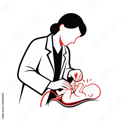 Medical professional caring for a newborn baby. Vector illustration of childbirth and cutting the umbilical cord. Minimalist line art icon for obstetrics and neonatal care
