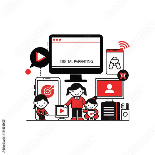 Digital parenting concept illustration. Family with children using computer and smartphone technology. Flat outline vector graphic for online safety