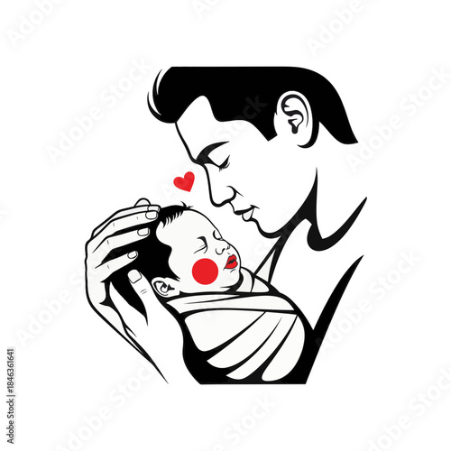 A father holding a newborn baby line art illustration. Fatherhood and parental love concept. Stylized black and white vector graphic with a red heart symbol.