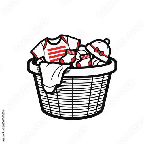 Laundry basket with baby clothes vector icon. Cartoon illustration of a wash hamper for household chores. Simple graphic symbol for cleaning services