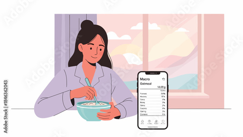 Woman Eating Cereal and Using Smartphone.