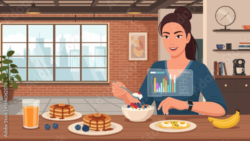 Woman Eating Healthy Breakfast with Fruits.