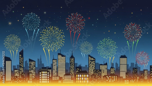 Fireworks over City Skyline: A vibrant display of fireworks illuminates the night sky above a cityscape, painting the scene with color and wonder.