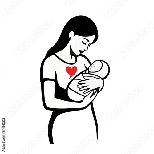 Mother holding a newborn baby vector illustration. Symbol of maternal love with a red heart. Minimalist graphic icon for family and childcare concepts.