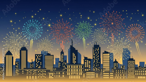 Cityscape Celebration: A stylized cityscape comes alive as vibrant fireworks illuminate the night sky, creating a breathtaking spectacle of color and light above the silhouette of towering buildings.