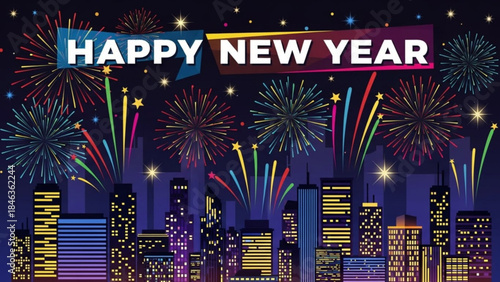 New Year's Eve Celebration: Festive fireworks light up the night sky above a cityscape, heralding the arrival of the New Year, a vibrant display of hope and excitement for the future.