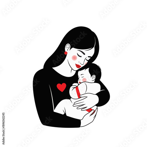 A minimalist illustration of a mother holding her newborn baby. Motherhood and maternal love concept. Stylized vector graphic with a heart symbol isolated on a transparent background