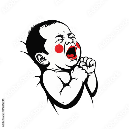 Stylized illustration of a crying newborn baby. Graphic icon representing infancy and tantrums. Vector design isolated on a transparent background.