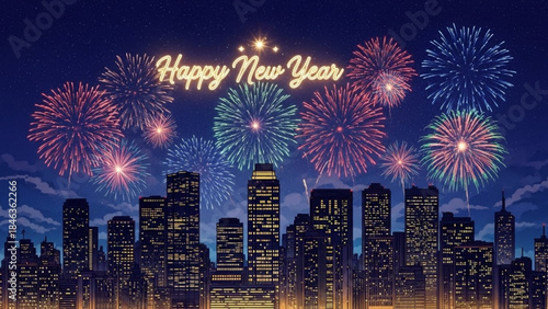 New Year Fireworks over City Skyline: Vibrant fireworks explode in a dazzling display over a sprawling city skyline, illuminating the night sky with a message of Happy New Year.