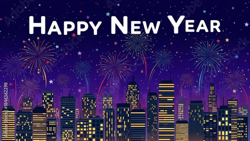 Happy New Year Fireworks Display: A vibrant New Year's Eve scene, with fireworks illuminating the night sky above a cityscape, celebrating new beginnings.