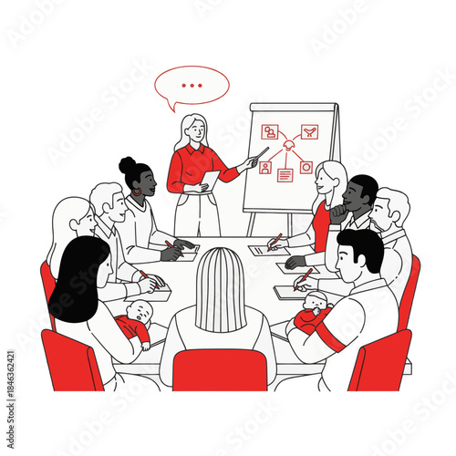 Parents with babies attending a parenting class or workshop. Minimalist line art illustration of a support group meeting. Vector graphic concept for community and education.