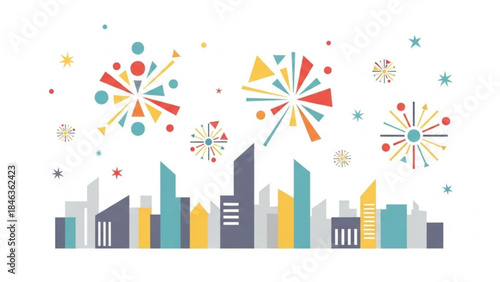 City Celebration Fireworks: A vibrant display of festive fireworks illuminating a stylized cityscape, bursting with colors and patterns of joy and wonder.