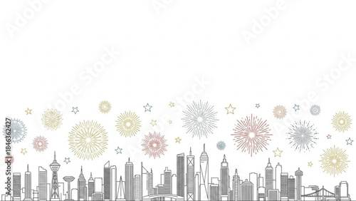 City Skyline: Abstract illustration of a city skyline with buildings, skyscrapers, and stars, perfect for representing urban life, cityscapes, and designs.