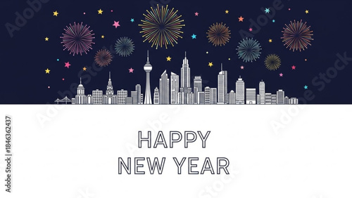 New Year's City Skyline: An artistic depiction of a city skyline at night with fireworks illuminating the sky, paired with the message Happy New Year.