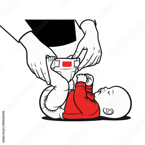 Baby diaper changing line art illustration. Parent hands changing infant nappy. Vector graphic isolated on transparent background