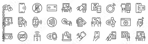Set of 30 outline icons related to contactless pay. Linear icon collection. Editable stroke. Vector illustration
