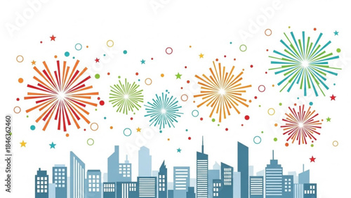 City Skyline Celebration: A vibrant display of fireworks illuminates the city skyline, creating a celebratory atmosphere of joy and festivity. 