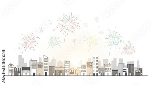 Festive Cityscape Fireworks: A vibrant display of fireworks explodes over a charming cityscape, illuminating the skyline with bursts of color and celebration. A perfect visual for event.