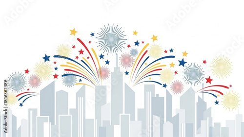Festive City Skyline: A vibrant cityscape bursts with colorful fireworks and stars, creating a joyous celebration above the silhouetted buildings, evoking feelings of excitement and festivity.