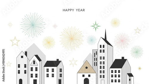 Happy Year in the City: A festive illustration shows a cityscape celebrating the New Year, with stylized buildings and colorful fireworks lighting up the night sky.