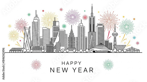 Fireworks over the Cityscape: Fireworks illuminate the cityscape. The city is preparing for a new year celebration.